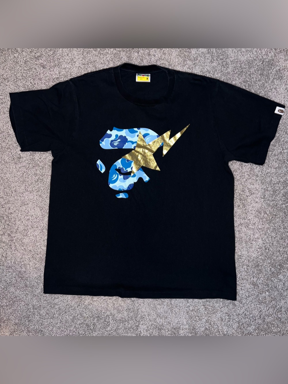 BAPE Black Graphic Tee with Blue Camo + Gold Lightning Star